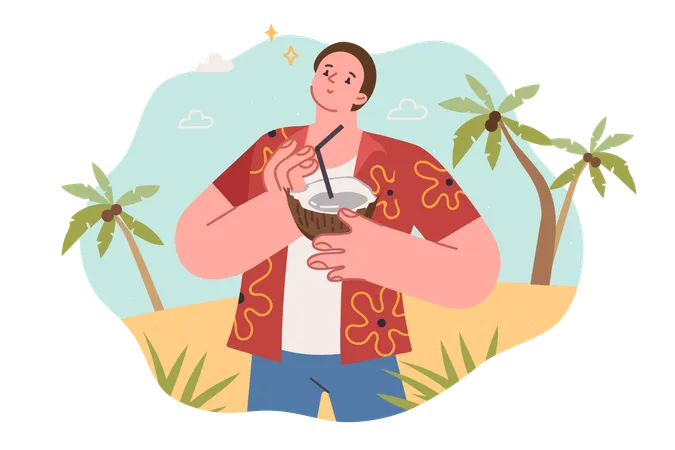 Homme touriste debout sur la plage et boit un cocktail à la noix de coco  Illustration