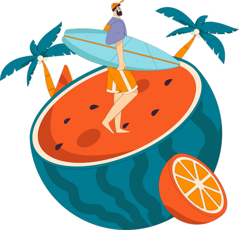 Touriste masculin tenant une planche de surf  Illustration