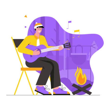 Un touriste joue de la guitare et chante des chansons près d'un feu de camp  Illustration
