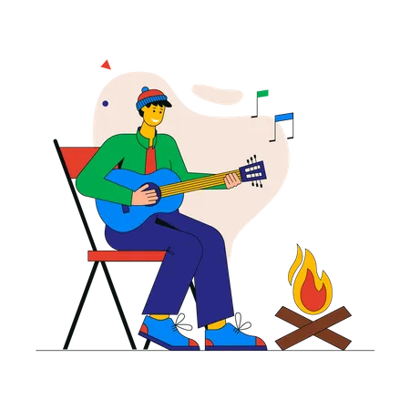 Un touriste joue de la guitare et chante des chansons près d'un feu de camp  Illustration