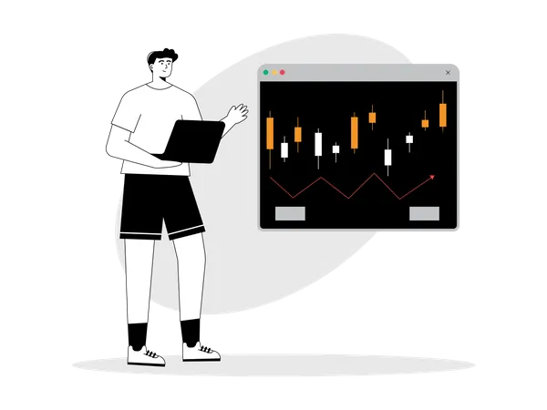 Homme faisant du trading en ligne à l'aide d'un chandelier  Illustration