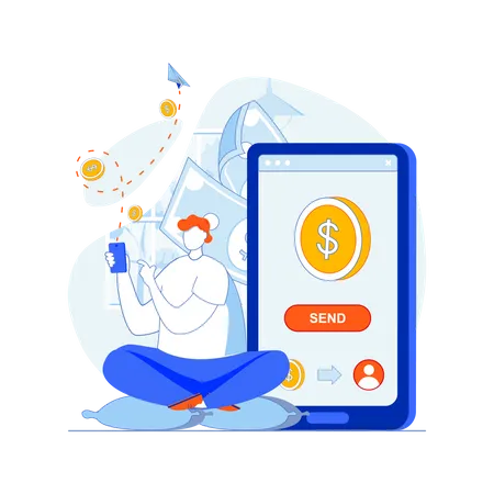 Homme transférant de l’argent via une application mobile  Illustration
