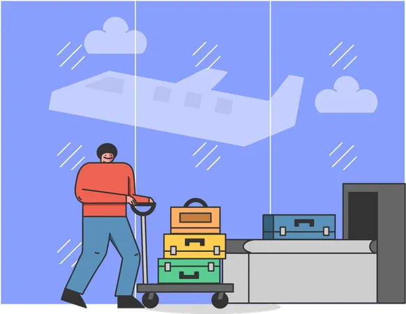 L'homme porte des bagages dans la machine de scanner de bagages  Illustration