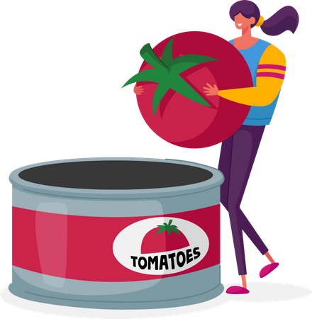 Homme travaillant à la fabrication de tomates en conserve  Illustration