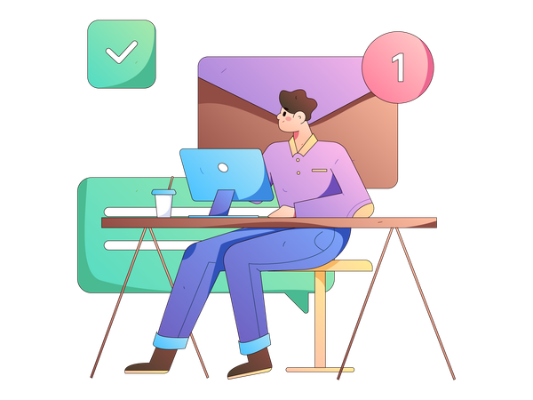 Homme travaillant au bureau et recevant une notification par courrier  Illustration