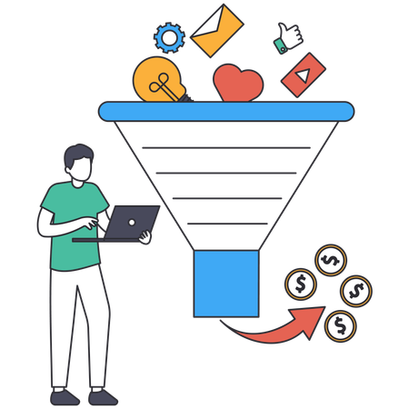 Homme travaillant avec Marketing Funnel  Illustration