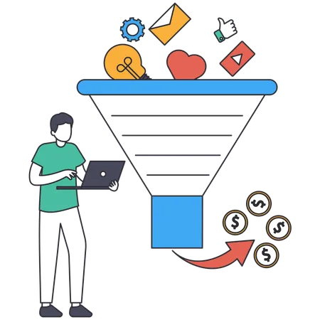 Homme travaillant avec Marketing Funnel  Illustration