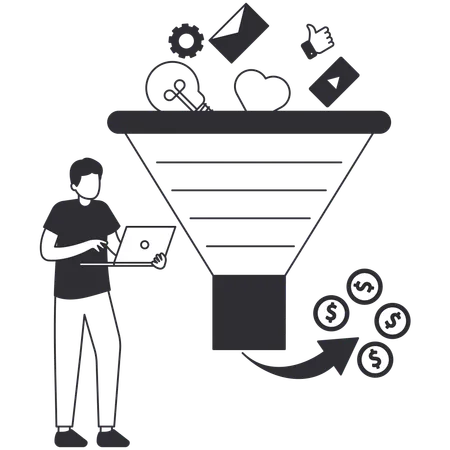 Homme travaillant avec Marketing Funnel  Illustration