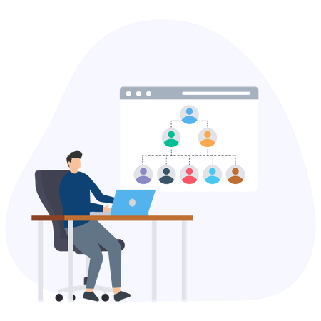 Homme travaillant avec une structure organisationnelle  Illustration