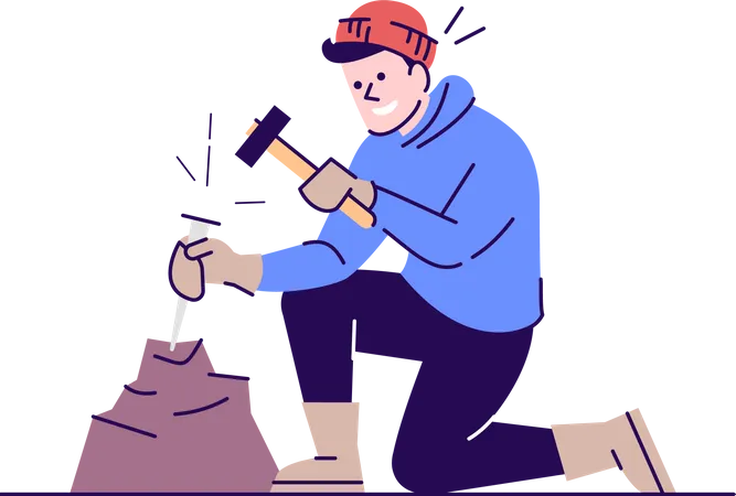 Homme travaillant avec un burin et un marteau  Illustration