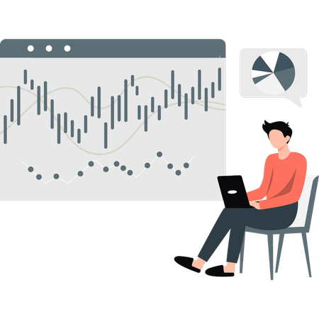 Un homme travaille sur un tableau de bord d'investissement en bourse  Illustration