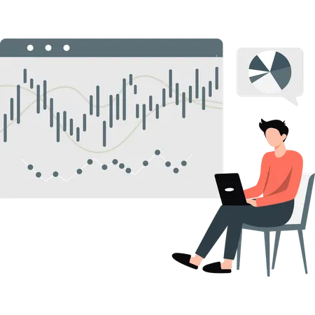 Un homme travaille sur un tableau de bord d'investissement en bourse  Illustration