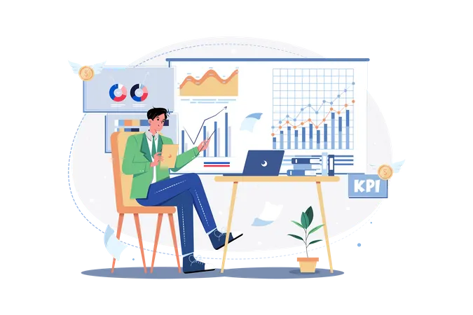 Homme travaillant comme analyste commercial tout en effectuant une analyse  Illustration