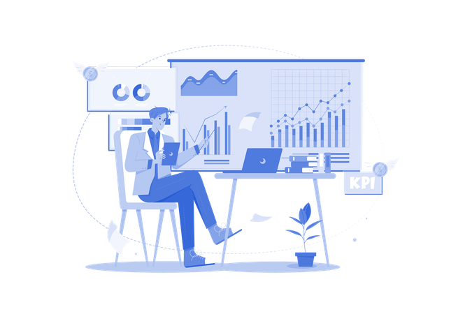 Homme travaillant comme analyste commercial tout en effectuant une analyse  Illustration