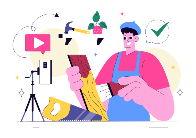 Homme travaillant dans un atelier de bricolage  Illustration