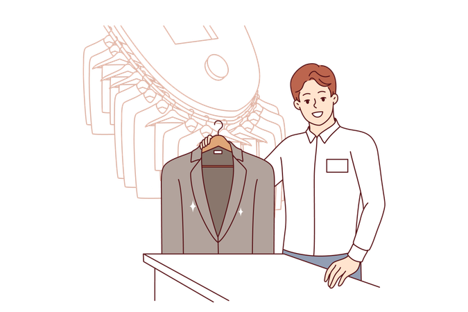 Un homme travaillant dans un nettoyeur à sec montre une veste d'affaires nettoyée des taches de nourriture ou de sauce  Illustration