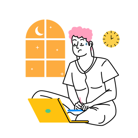 Homme travaillant jusqu'à des heures tardives  Illustration