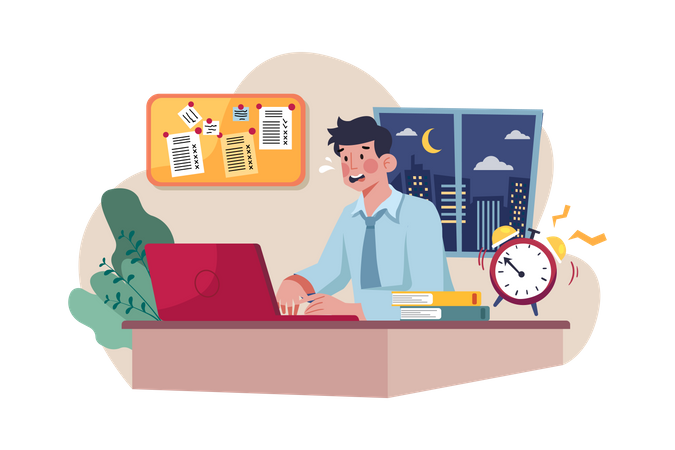 Homme travaillant jusqu'à des heures tardives  Illustration