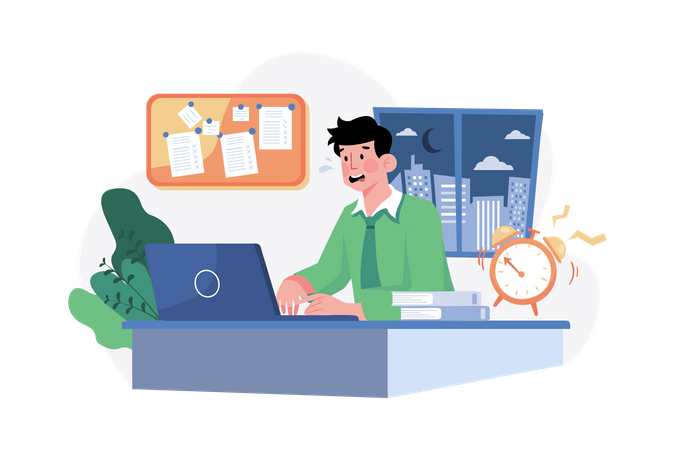 Homme travaillant jusqu'à des heures tardives  Illustration