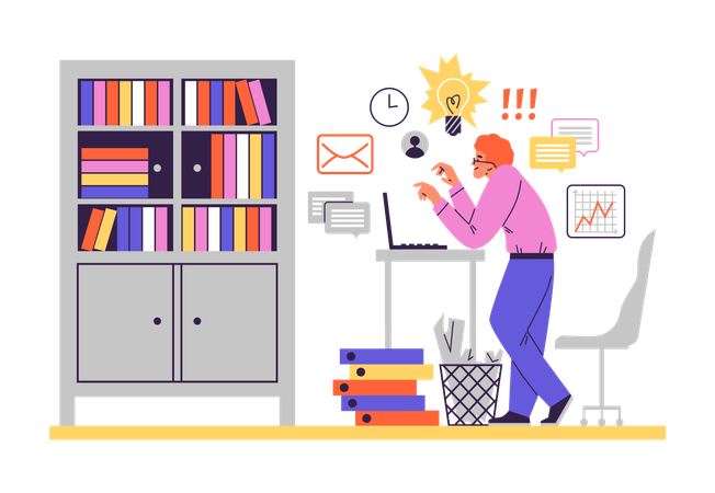 Homme souriant effectuant un travail multitâche  Illustration