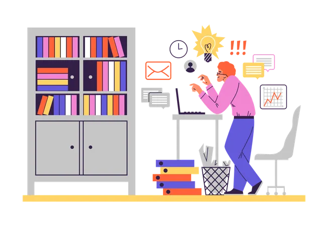 Homme souriant effectuant un travail multitâche  Illustration