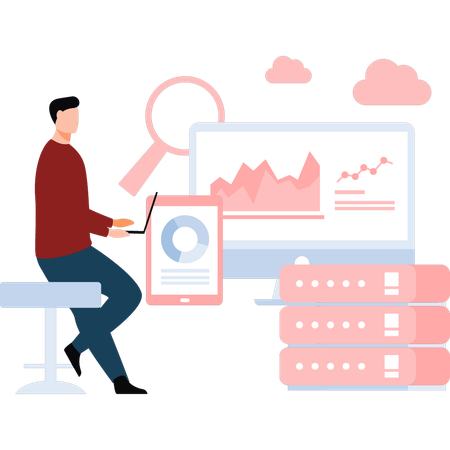 Homme travaillant sur l'analyse de base de données  Illustration