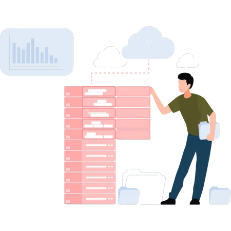 Homme travaillant sur des données cloud  Illustration