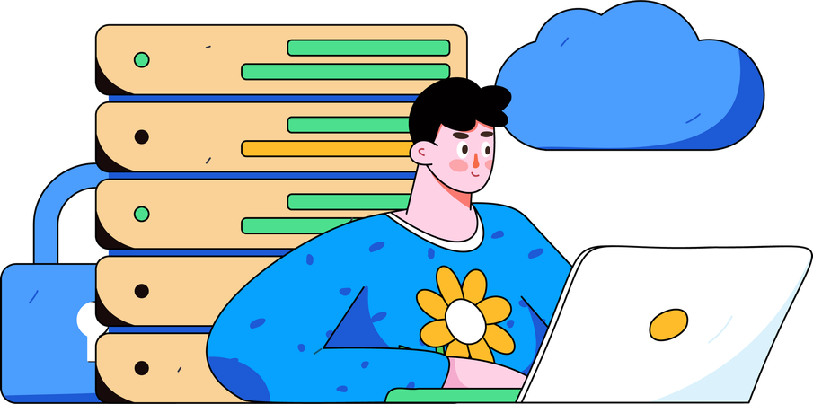 Homme travaillant sur un serveur cloud  Illustration