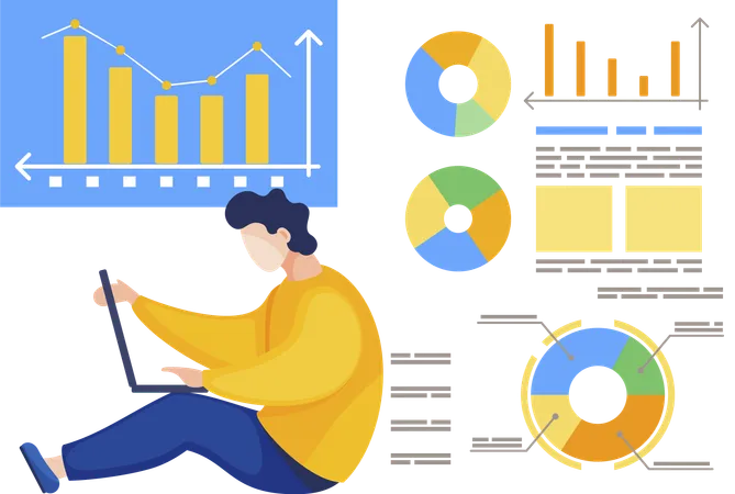 Homme travaillant sur des graphiques et des diagrammes de données  Illustration