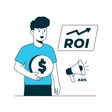 Homme travaillant sur les publicités payantes et le retour sur investissement  Illustration