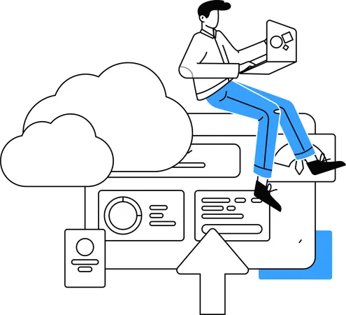 Un homme travaillant sur la gestion des données dans le cloud  Illustration