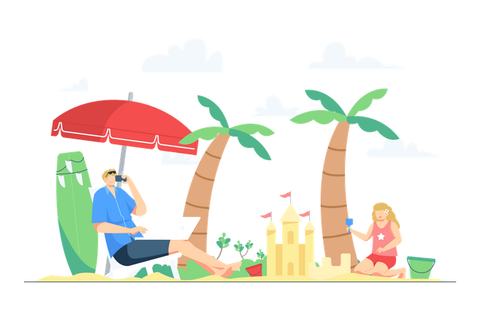 Homme travaillant sur la plage pendant les vacances  Illustration