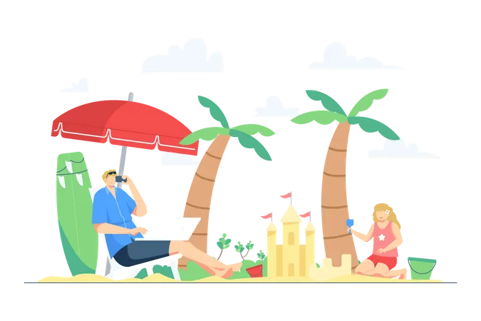 Homme travaillant sur la plage pendant les vacances  Illustration