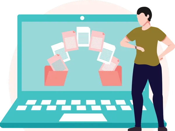 Un homme travaillant sur la rédaction de textes publicitaires  Illustration