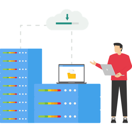 Homme travaillant sur la technologie de stockage et le service de serveur cloud  Illustration