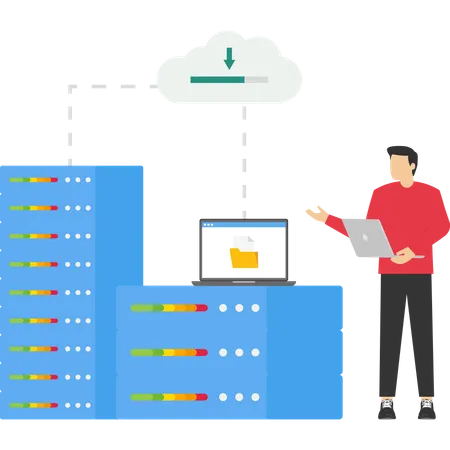 Homme travaillant sur la technologie de stockage et le service de serveur cloud  Illustration