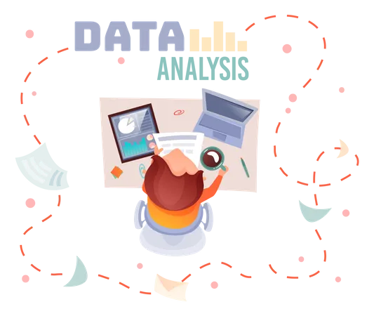 Homme travaillant sur l'analyse des données au bureau  Illustration