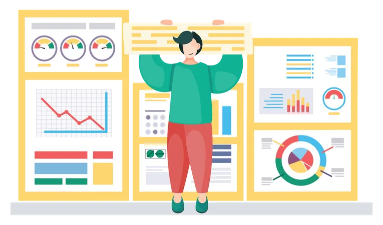 Homme travaillant sur la présentation de l'analyse des données  Illustration