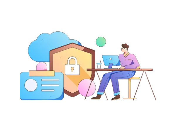 Homme travaillant sur la sécurité du cloud  Illustration