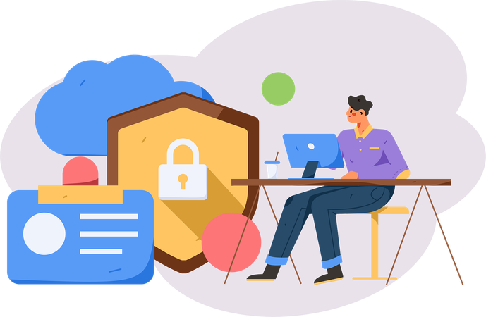 Homme travaillant sur la sécurité du cloud  Illustration