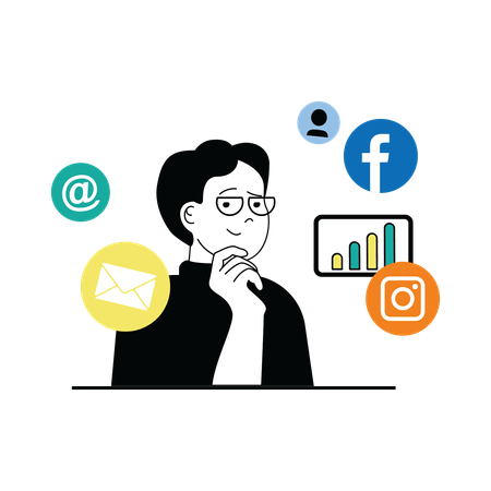 Homme travaillant sur le marketing des médias sociaux  Illustration