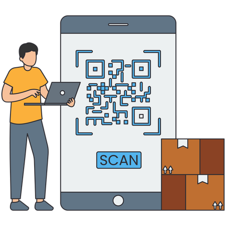 Un homme travaillant sur la numérisation d'un code QR  Illustration