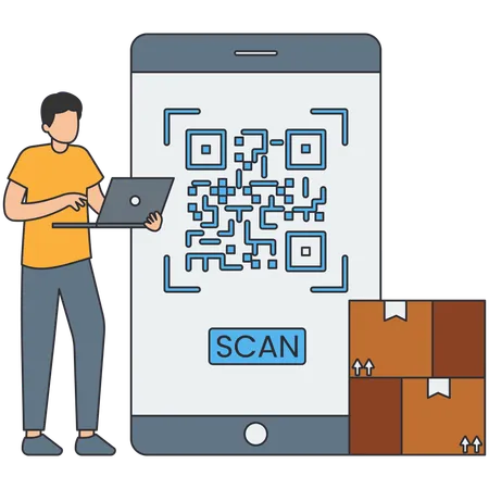 Un homme travaillant sur la numérisation d'un code QR  Illustration