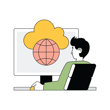 Homme travaillant sur le réseau cloud mondial  Illustration