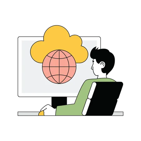 Homme travaillant sur le réseau cloud mondial  Illustration