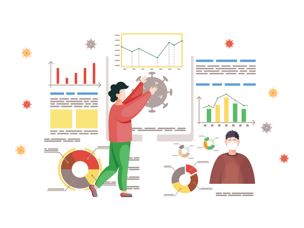 Homme travaillant sur les statistiques du coronavirus  Illustration