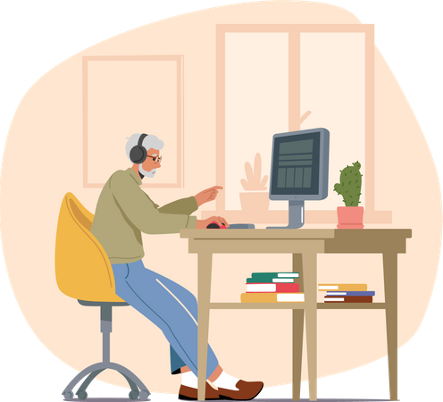 Homme travaillant sur ordinateur au bureau  Illustration