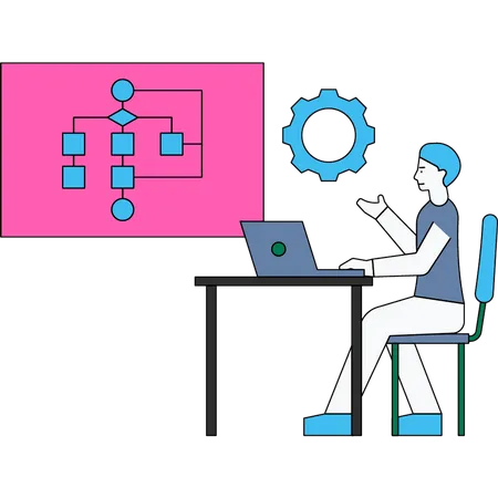 Homme travaillant sur un organigramme  Illustration