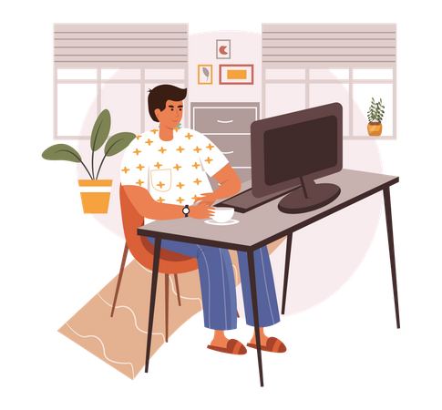 Homme travaillant sur un bureau avec une tasse de café  Illustration