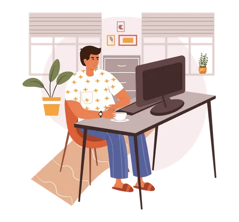 Homme travaillant sur un bureau avec une tasse de café  Illustration